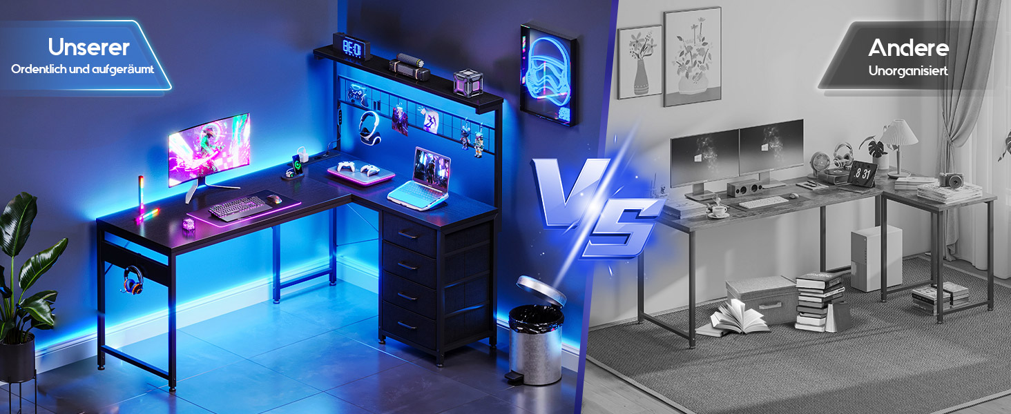 Ігровий стіл Coleshome з LED підсвічуванням, 130 x 100 см. Реверсивний стіл з шухлядами та розетками, кутовий стіл з полицею та місцем для зберігання, чорний