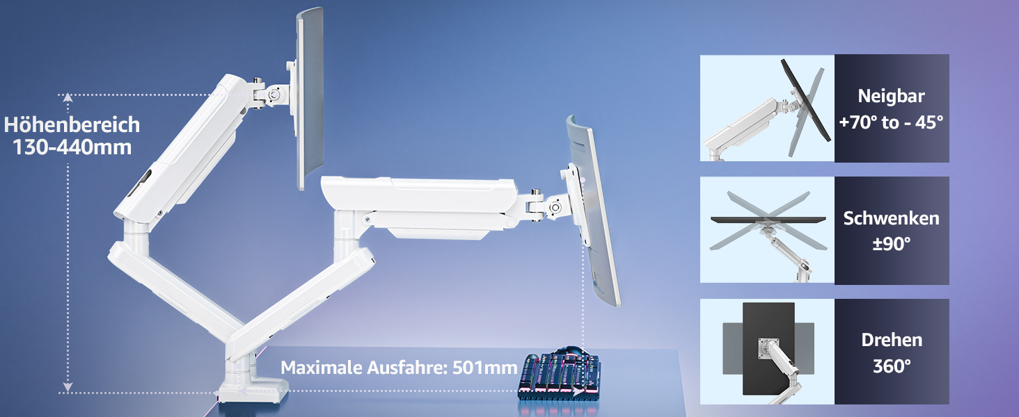 Кріплення для монітора ELIVED EV6012W: підставка для 2 моніторів (13-32 дюйми, 2-9 кг, VESA 75/100mm, регульована, білий)