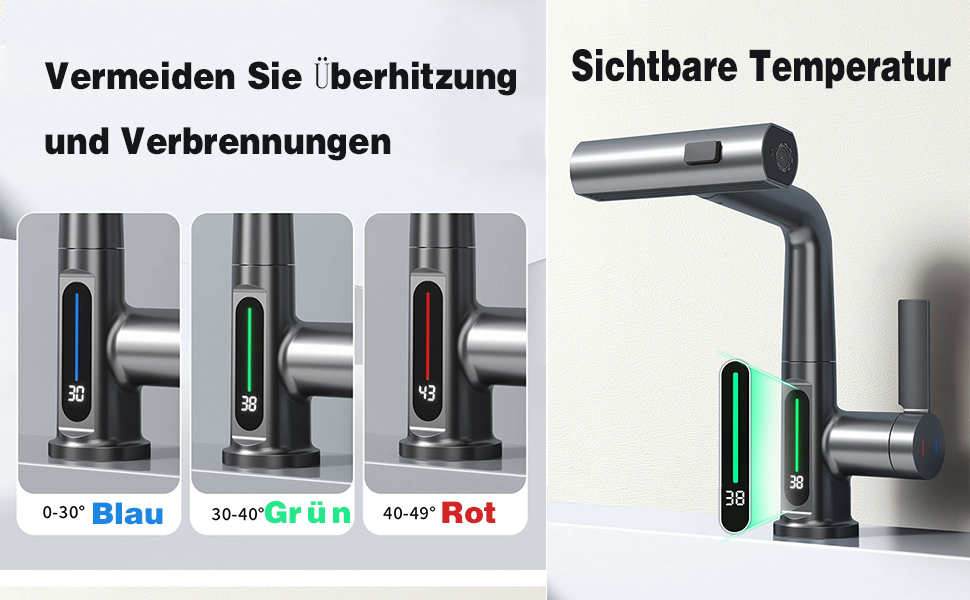 Чорний кухонний змішувач з висувною лійкою, 3 режими, LED-індикатор температури, поворотний на 360°, для високого тиску, регульована висота