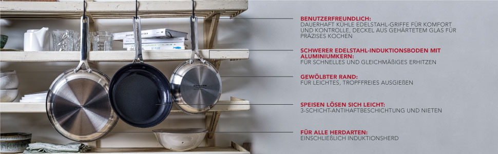 Набір сковорідок KitchenAid з нержавіючої сталі 20 см і 28 см, 3-шарове антипригарне покриття, для індукції, для духовки, посудомийної машини, з холодною ручкою, сріблястий