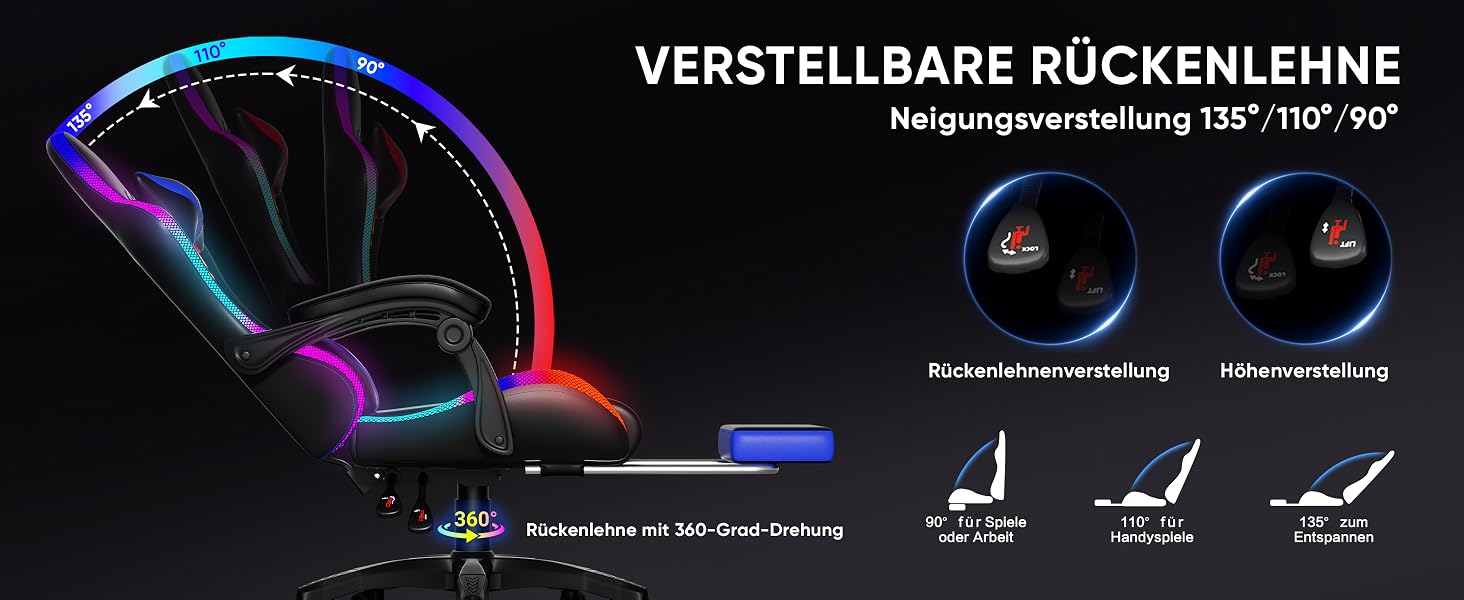Геймерське крісло Czlolo RGB LED з підставкою для ніг, ергономічне, для дорослих та дітей, блакитне