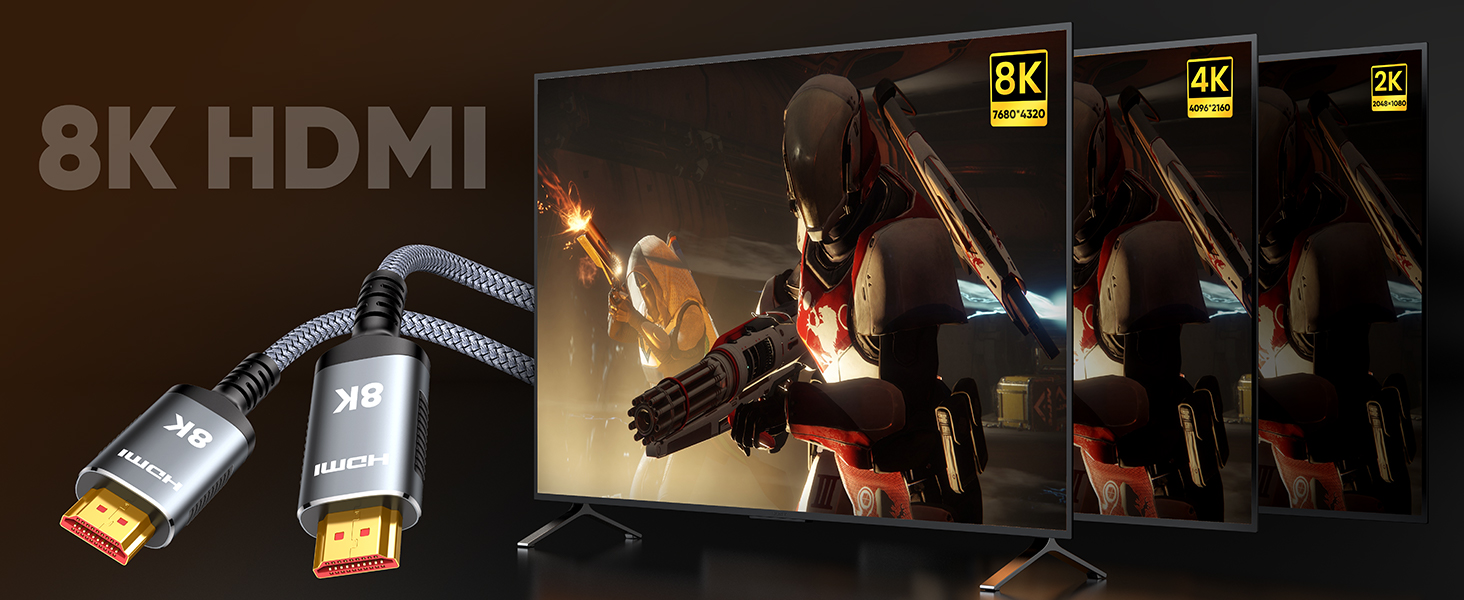 HDMI кабель Highwings 8K 3 метри, HDMI 2.1, 48Gbps, Ultra Highspeed, 8K@60Hz, 4K@120Hz, HDR10, eARC, DTS:X, 3D, HDCP 2.2/2.3, сумісний з PS5/PS4/PS3, HDTV, Blu-ray Player
