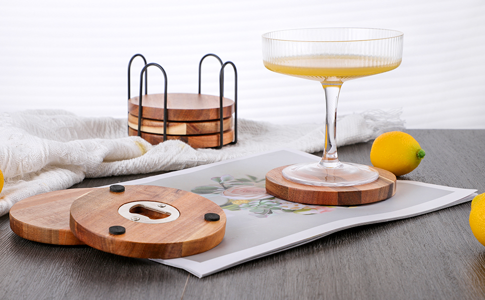 Acacia Wood Coasters Set of 6 with Bottle Opener, Wooden Coasters for Drinks with Holder, Table Protector for Home and Office Decor