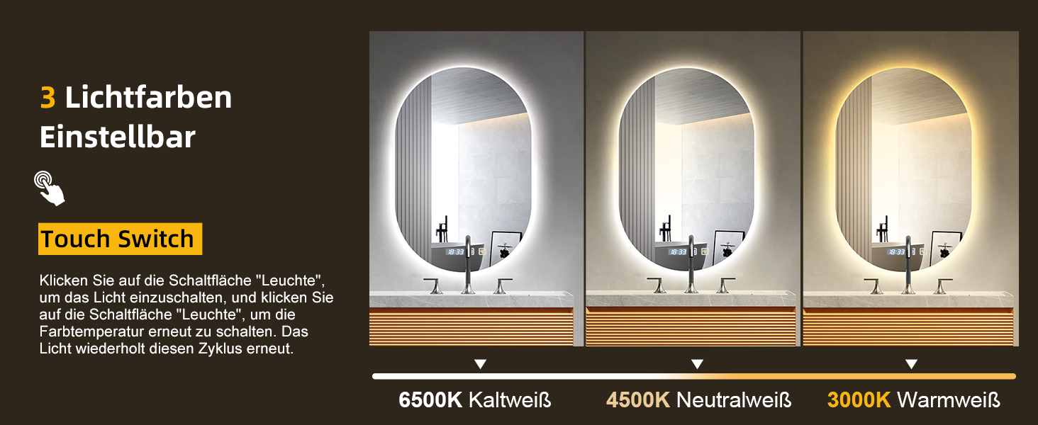 Дзеркало для ванної кімнати з підсвічуванням 50x70 см, з підігрівом, годинником, LED-підсвічуванням, сенсорною панеллю, функцією пам'яті, 3 кольори світла, регулювання яскравості