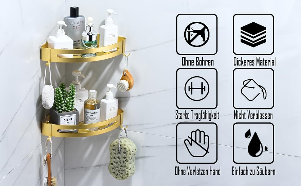 Поличка для душу без свердління, кутова поличка для ванної кімнати з алюмінію Space, трикутна корзина для душу з гачками, органайзер для шампуню, антикорозійна (2 шт., піскоструминне золоте покриття)