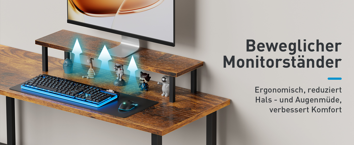 Ігровий стіл кутовий 150x100 см з 3 розетками та 2 USB, зворотний, з LED підсвіткою, з ящиками та підставкою для монітора. Колір: коричневий.