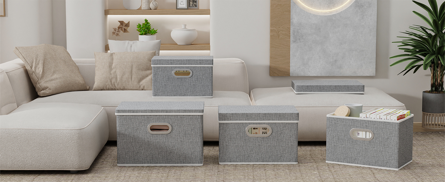 Yawinhe 3-Piece Storage Boxes with Lids, Foldable Fabric Storage Box with Handles, Storage Boxes, for Bedroom, Clothes Storage, 32x23x20cm, Grey, SNK023G-3