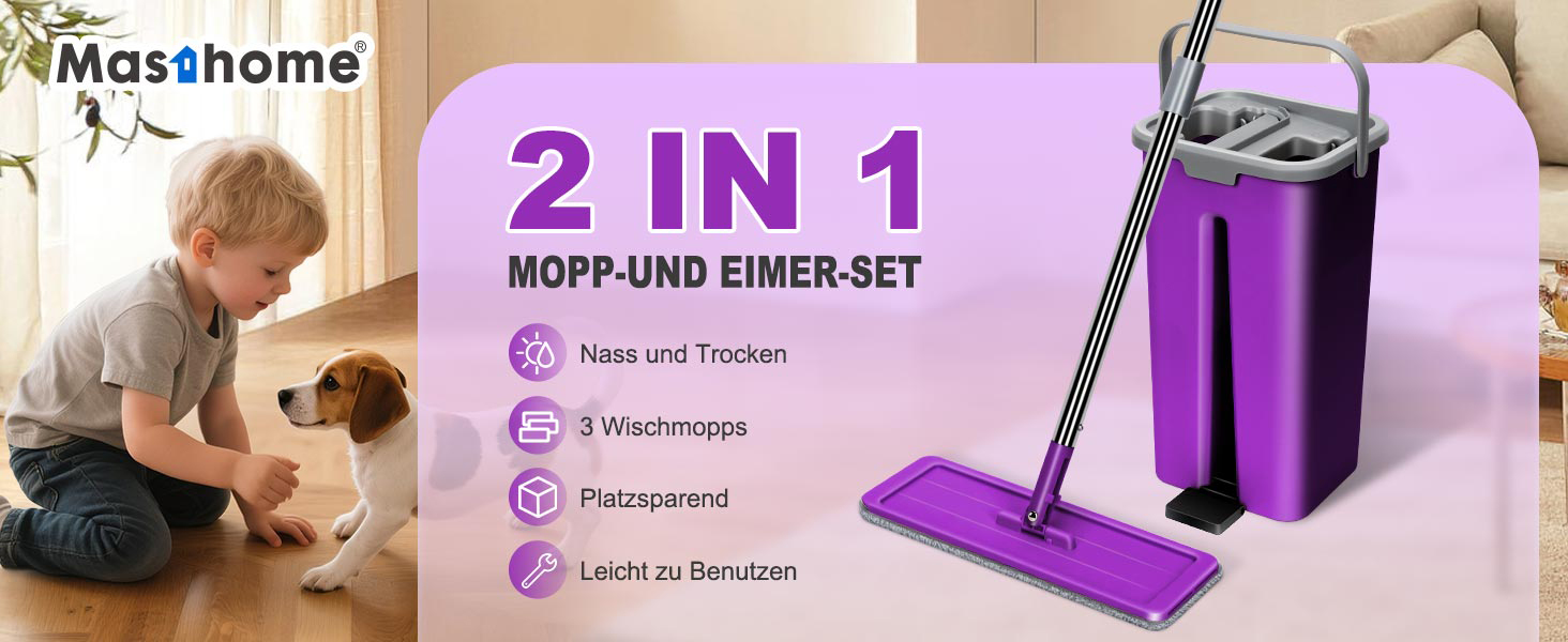 Набір для миття підлоги Masthome з відром: плоский моп, 3 мікрофібрових насадки, відро з нержавіючою сталею, моп з функцією віджиму, для прибирання підлоги