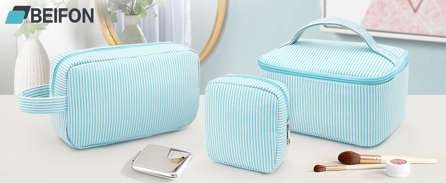 Набір косметичок для жінок: 3 шт. для макіяжу, подорожей та щоденного використання (блакитний)