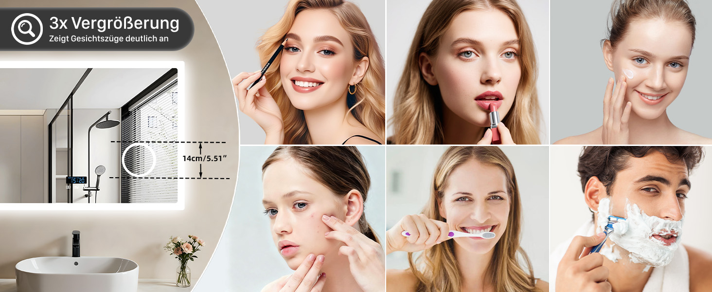 Дзеркало для ванної кімнати LUVODI з підсвічуванням 100x70 см: годинник, температура, дата, антизапар, регулювання яскравості, 3 кольори світла, функція пам'яті, LED, водонепроникність (60L x 80B см, 3x лупа + Bluetooth)