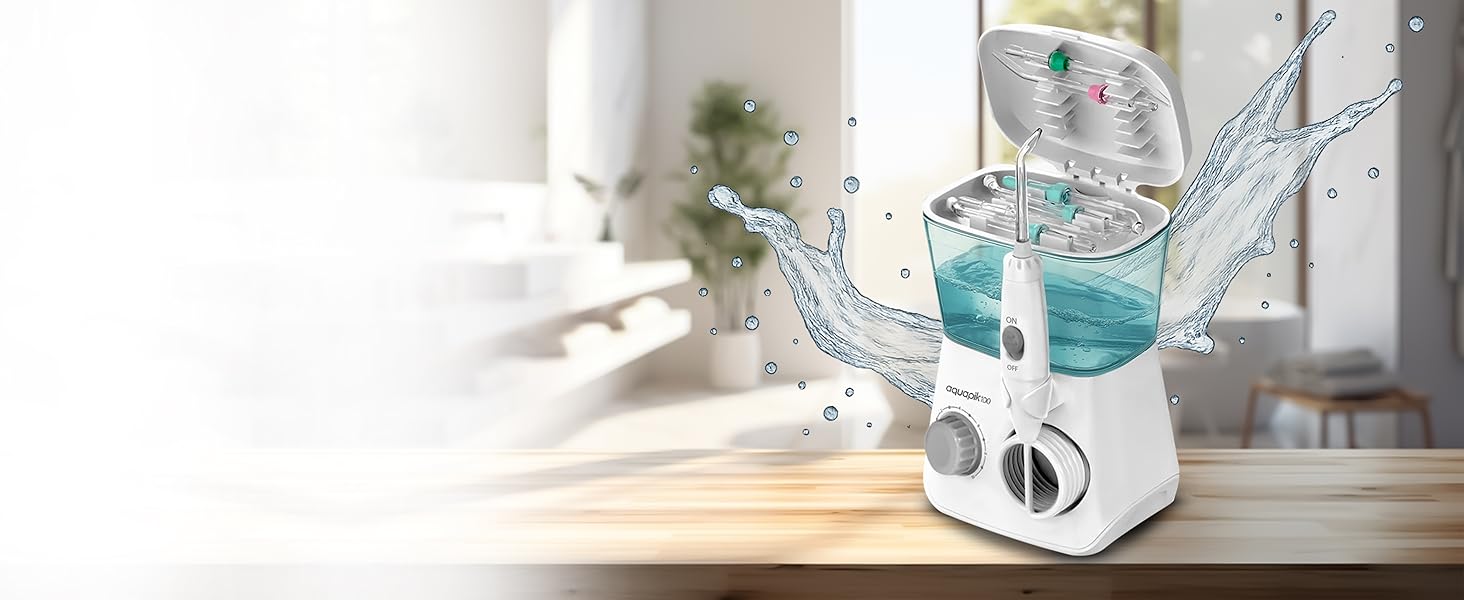 Іригатор для порожнини рота Munddusche PRO | Aquapik® | Професійне очищення зубів, видаляє наліт, рекомендовано стоматологами, для імплантів та брекетів | 8 насадок, 10 рівнів тиску, 600 мл (Білий)