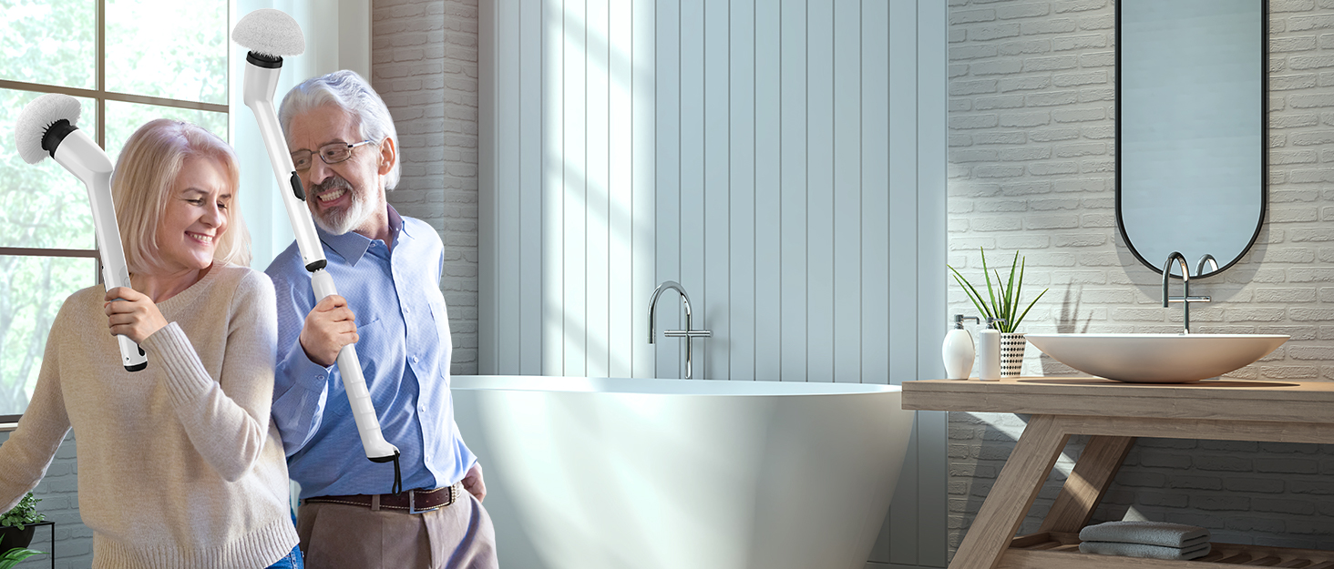 Електрична щітка для прибирання LyriFine, водонепроникна IPX7, з довгим руків'ям, 2 швидкості, з набором змінних насадок, для ванної кімнати, білий