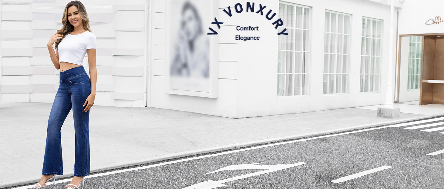 Жіночі джинси Bootcut VX VONXURY з високою посадкою, темно-сині, еластичні, розкльошені, 4 кишені, на кожен день та в офіс, розмір 31