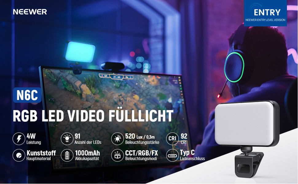 LED світло Neewer для селфі та відеозйомки на телефон/комп'ютер, 54 LED, кліпса, CRI 88, 650mAh