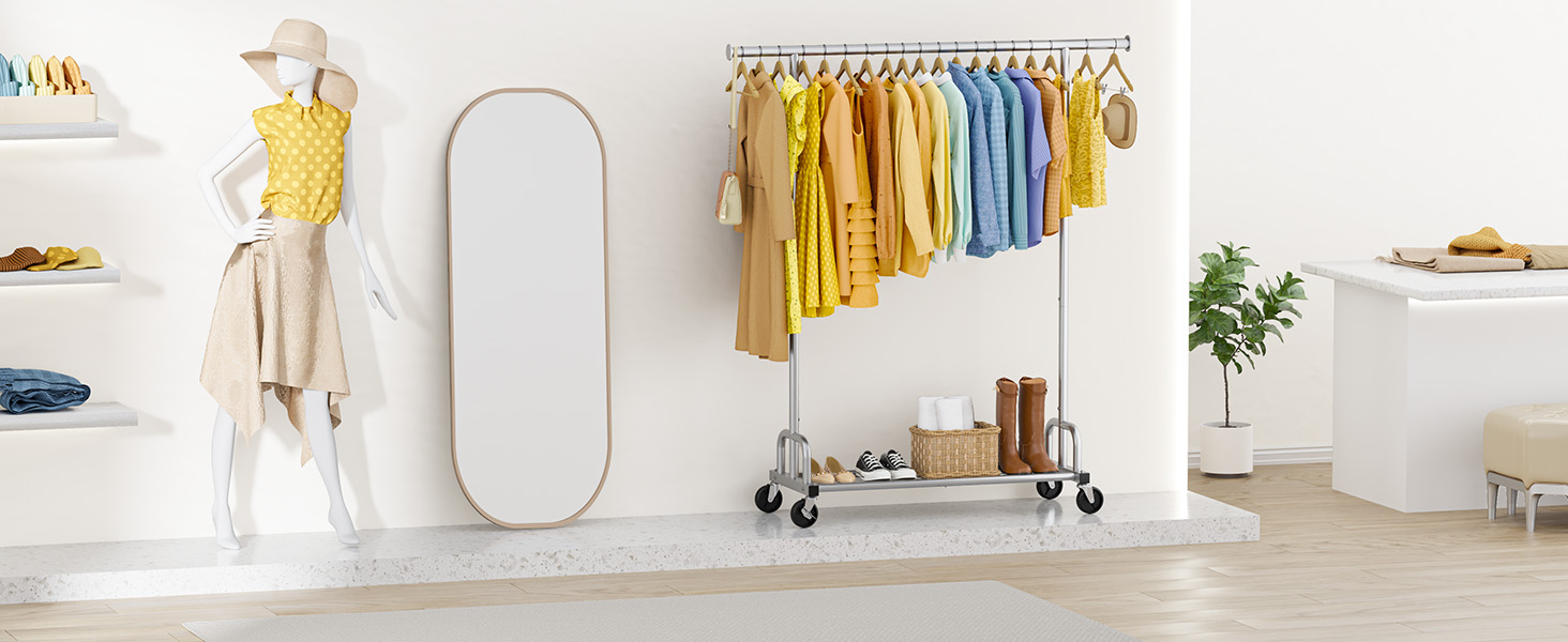 Вешалка для одягу на колесах, з полицею та широкою перекладиною, 116 x 43 x 150 см, сріблястого кольору