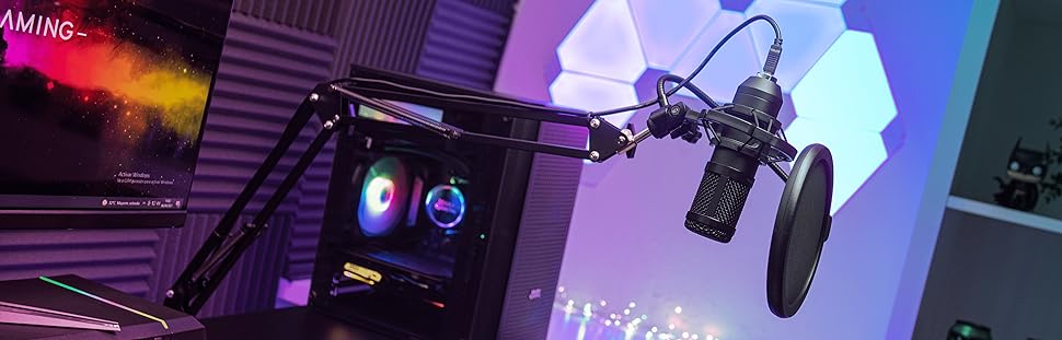 Мікрофон Mars Gaming MMIC-XT: Професійний студійний мікрофон з високою чіткістю 192Khz 24-bit, Kugelarm, антишоковий кріплення, поп-фільтр з металевої сітки, чорний