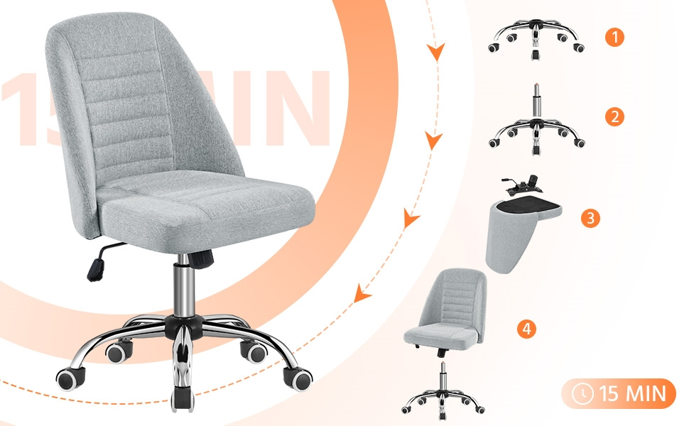 Офісне крісло Yaheetech без підлокітників, обертове з роликами, регульоване по висоті, для роботи та макіяжу (сірий, тканина)