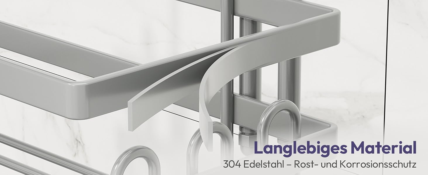 Настінна поличка для душу SWTYMIKI з нержавіючої сталі з 2 кошиками та 2 мильницями, 14 гачків, срібна