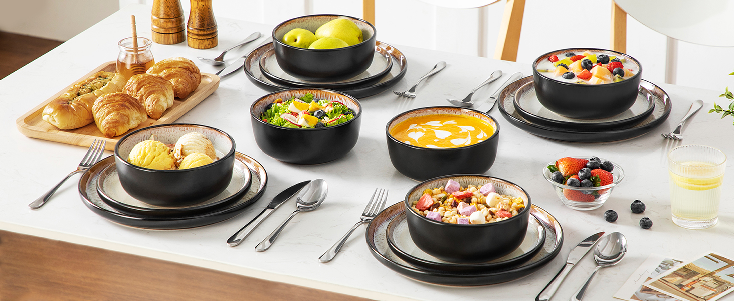 Набір посуду Steingut 24 шт. vancasso AMBER: 6 обеденних, десертних та супових тарілок, супові миски, реактивна глазур, безпечний для миття в посудомийній машині