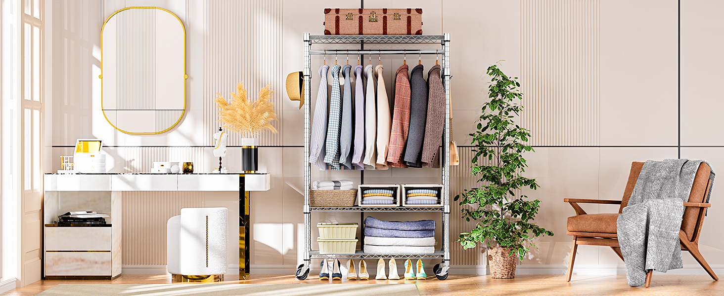 Міцний мобільний вішак для одягу з 3 рівнями, регульовані полиці, 2 штанги та гачки - 40x75x189.3 см (хром)