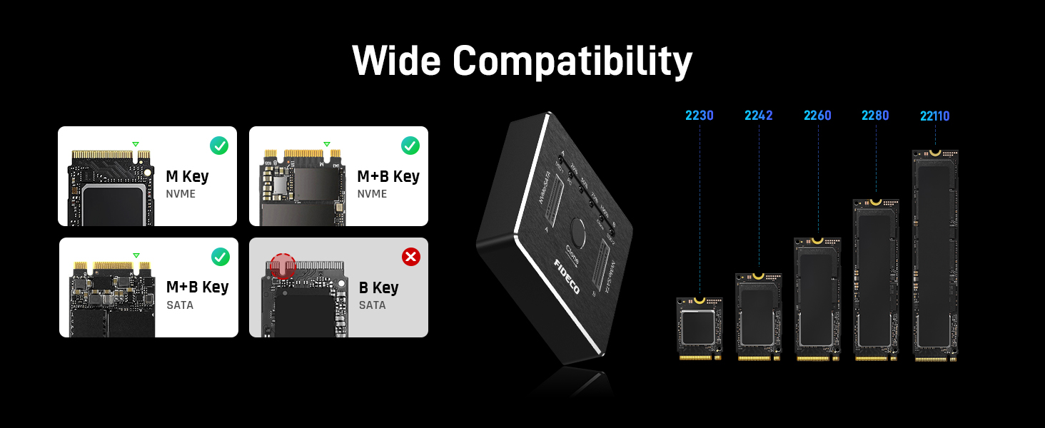 Док-станція для SSD FIDECO M.2 NVMe SATA, USB 3.2 Gen 2 (20Gbps), алюмінієвий корпус, підтримка клонування, UASP, TRIM