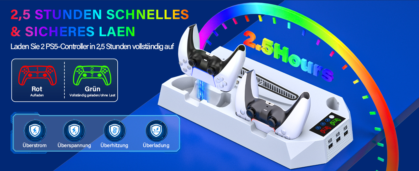 Підставка для PS5 Slim/Pro з зарядною станцією для контролера PlayStation 5 (Disc/Digital), аксесуари PS5 з RGB підсвіткою, вентилятором, тримачем для навушників, USB хабом, чорно-білий (Perlweiß Q311)