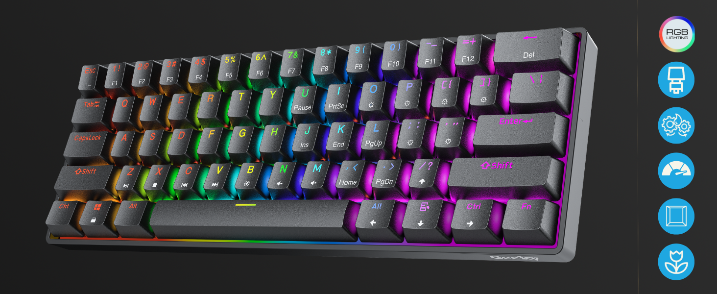 Geeky GK61: Механічна ігрова клавіатура 61% з RGB підсвічуванням | Hot-Swap | ANSI US | Speed Silver Switch (Чорний)