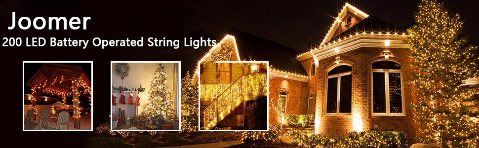 Льокотна гірлянда Joomer на Різдво, 20 метрів, 200 LED, з батарейками, таймером, 8 режимів, для прикраси ялинки, балкону, кімнати, вечірки, шлюбу, свята, вологостійка, тепле біле світло, провід теплий білий/зелений