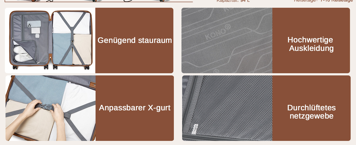 Чемодан KONO 3-в-1: ABS+PC, з коліщатками та кодовим замком (55см, ручна поклажа), червоно-коричневий