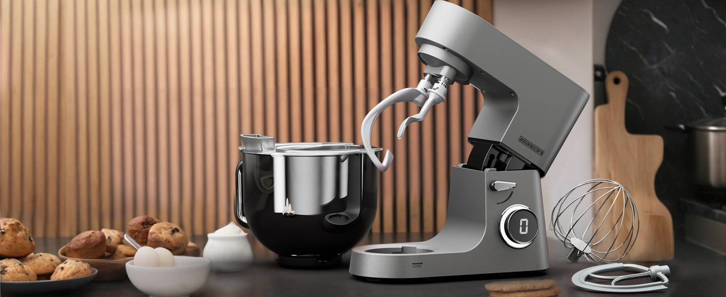 Кухонна машина Heinrichs з подвійним гаком для тіста, міксер, 2500W, 8L чаша з нержавіючої сталі, 8 швидкостей, тиха робота, колір