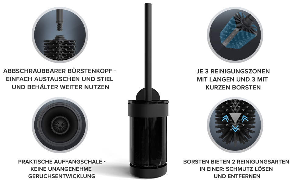 Настінна щітка для туалету Ovimar Finnkona чорного кольору з кріпленням без свердління, силіконова головка, функція вентиляції, для кріплення, з порошковим покриттям з нержавіючої сталі, змінна головка