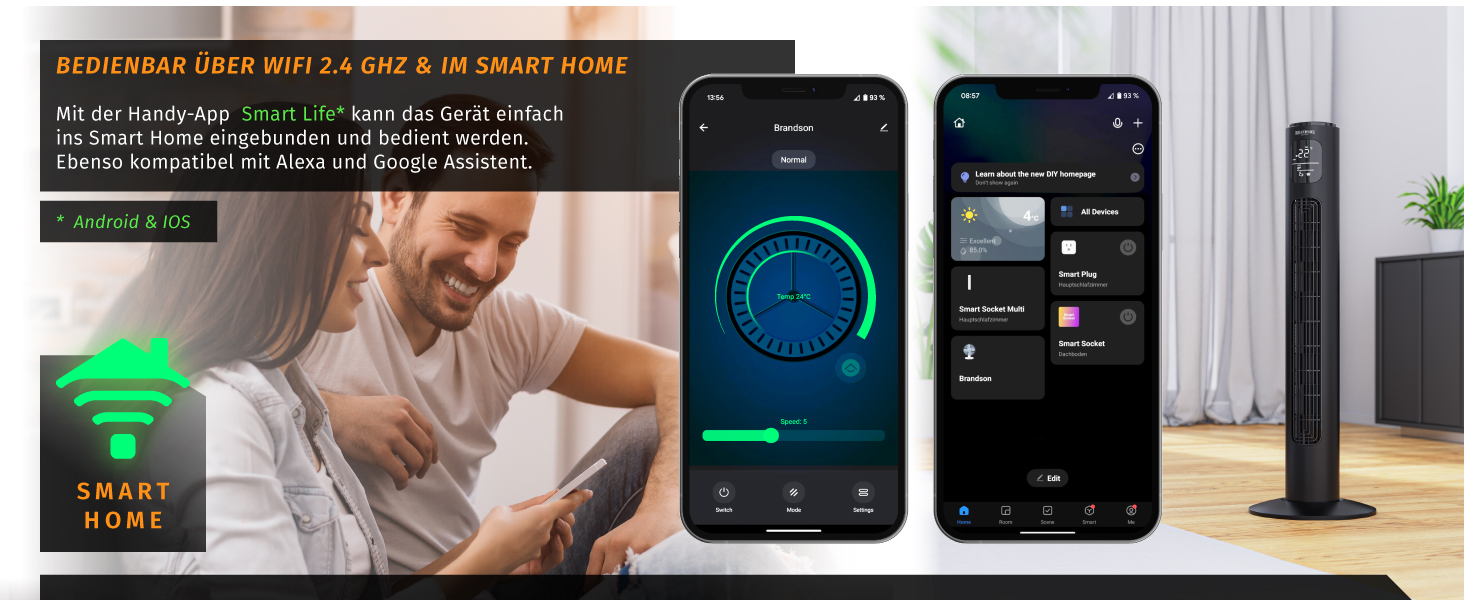 Турбовентилятор Brandson ECO з DC мотором: тихий, Wi-Fi, Smart Home, керування через додаток/Alexa, осциляція, чорний
