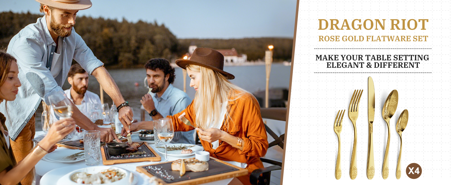 Набір столових приборів DRAGON RIOT на 6 осіб (30 предметів) з нержавіючої сталі, рожеве золото, для дому/вечірки/ресторану