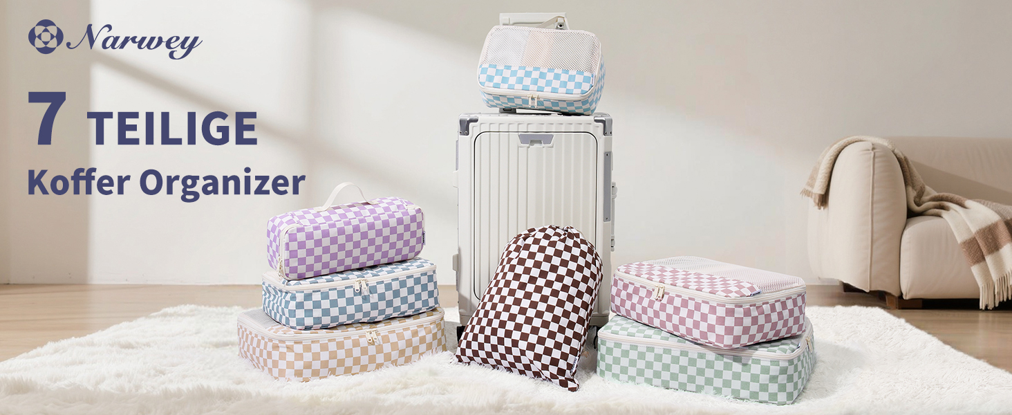 Набір органайзерів для валізи Narwey 7 шт., Packing Cubes для подорожей, рюкзаків, валіз (смугастий, Y-граублау)