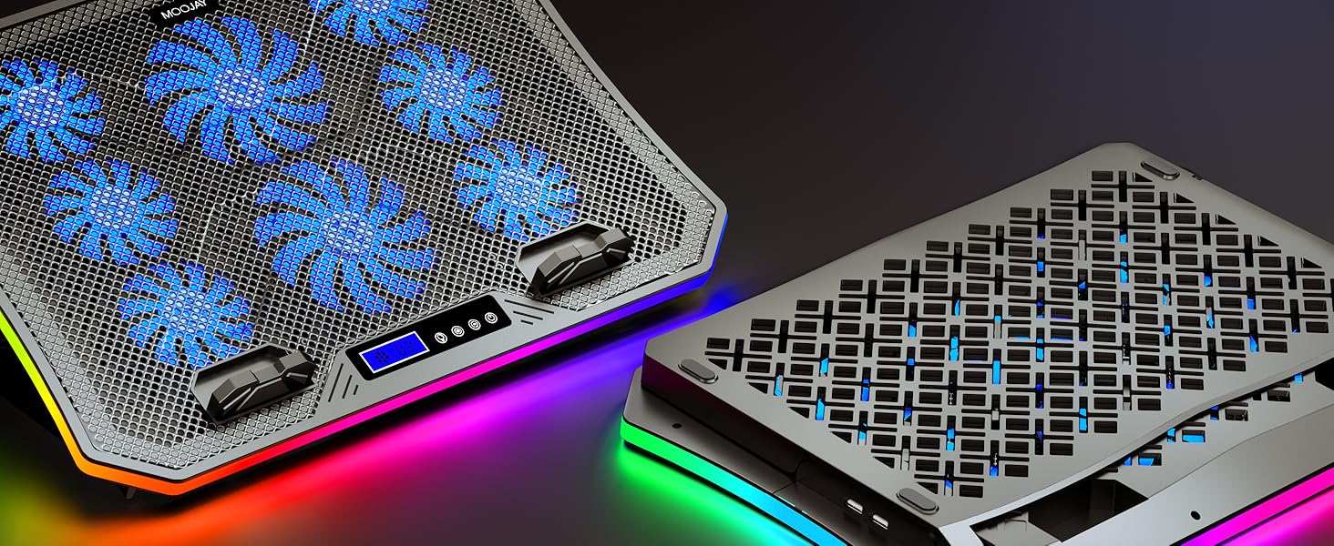 Ігровий охолоджувач для ноутбука MOOJAY RGB, підставка з 8 тихими вентиляторами, регулювання висоти, тримач для смартфона, для ноутбуків 15.6-17.3 дюймів, синя LED-підсвітка
