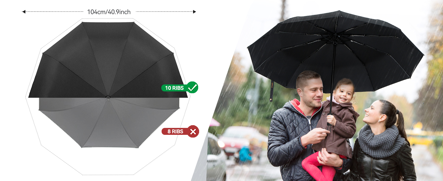 Чорний компактний парасолька TechRise: автоматичний, стійкий до вітру, великий, 10 спиць