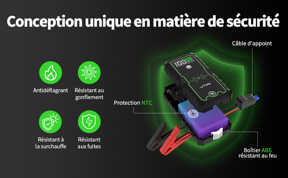 Бустерний пускач автомобіля UTRAI 6000A Powerbank 27000mAh з індукційною зарядкою 10W, ліхтариком, компасом та молотком для бензинових та дизельних двигунів до 10л, зелений
