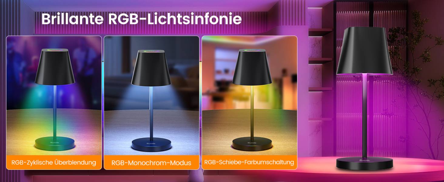 LED настільна лампа Quntis бездротова, торцева, з регулюванням яскравості, акумуляторна, USB, 3000K-5000K, IP44, для дому та вулиці, чорна (2, 3 колірні температури + RGB)