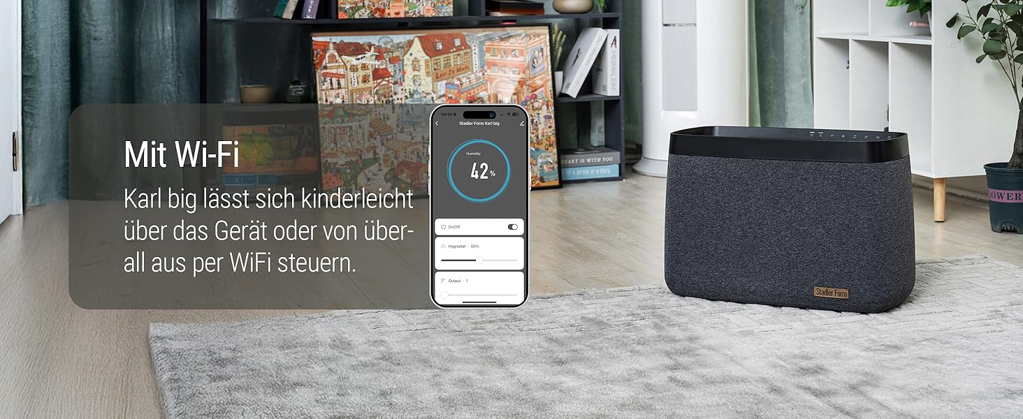 Зволожувач повітря Stadler Form Karl big - тихий, потужний, для приміщень до 100 м², з керуванням через додаток, чорний