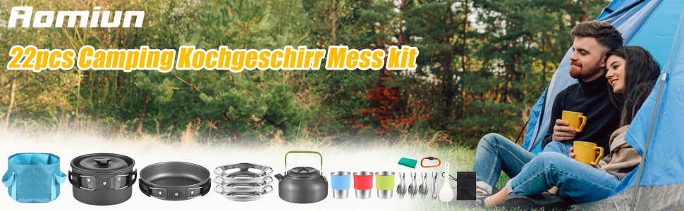 Набір посуду для кемпінгу Aomiun на 3 особи (22 частини) | Посуд для приготування їжі на природі, піших прогулянок та подорожей