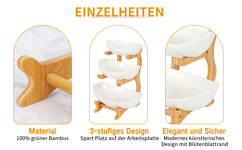 Багатоярусна фруктова миска з кераміки для кухні, 3 яруси, з дерев'яними підставками, для овочів, фруктів, снеків, декор