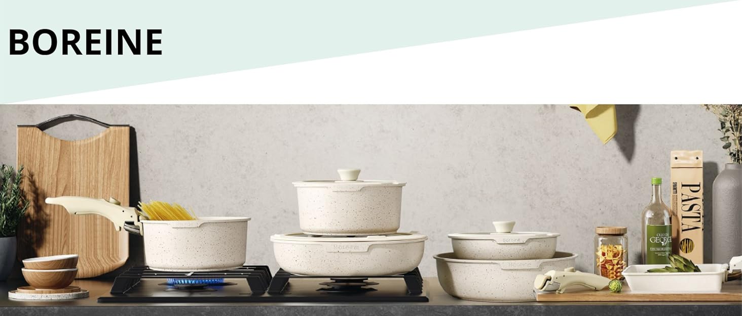 Набір посуду BOREINE 14 предметів: каструлі та сковороди з антипригарним гранітним покриттям (PFOA-free), знімні ручки, для всіх типів плит (індукція, склокераміка, газ, духовка), коричневий