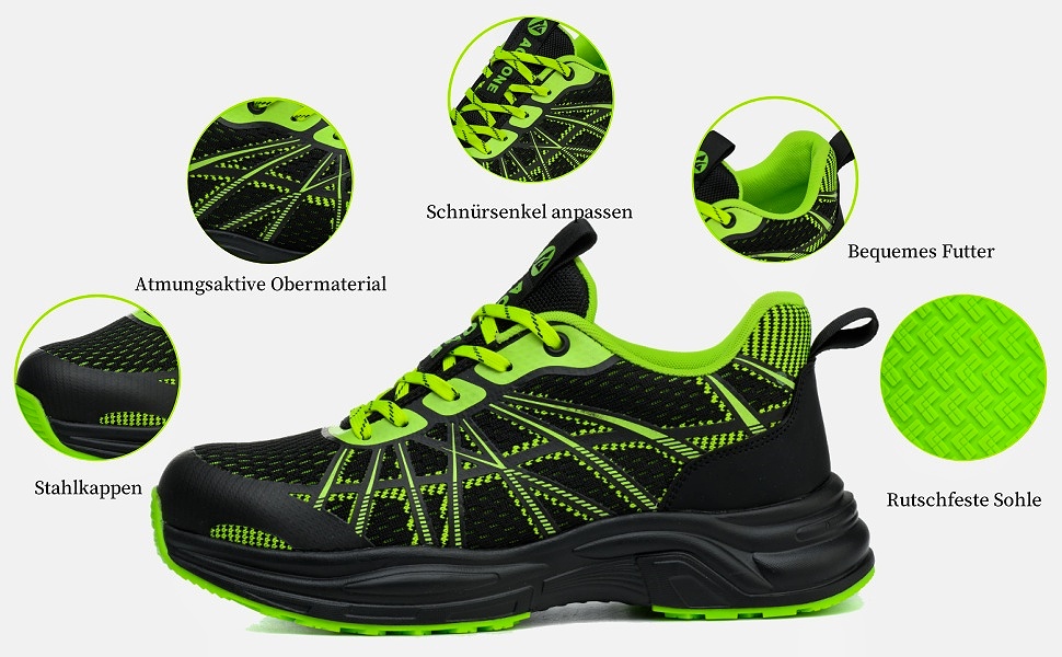 Зручні робочі черевики для чоловіків та жінок. Легкі, спортивні, з металевим підноском, неслизькі, дихаючі. Розмір 43 EU, колір зелений