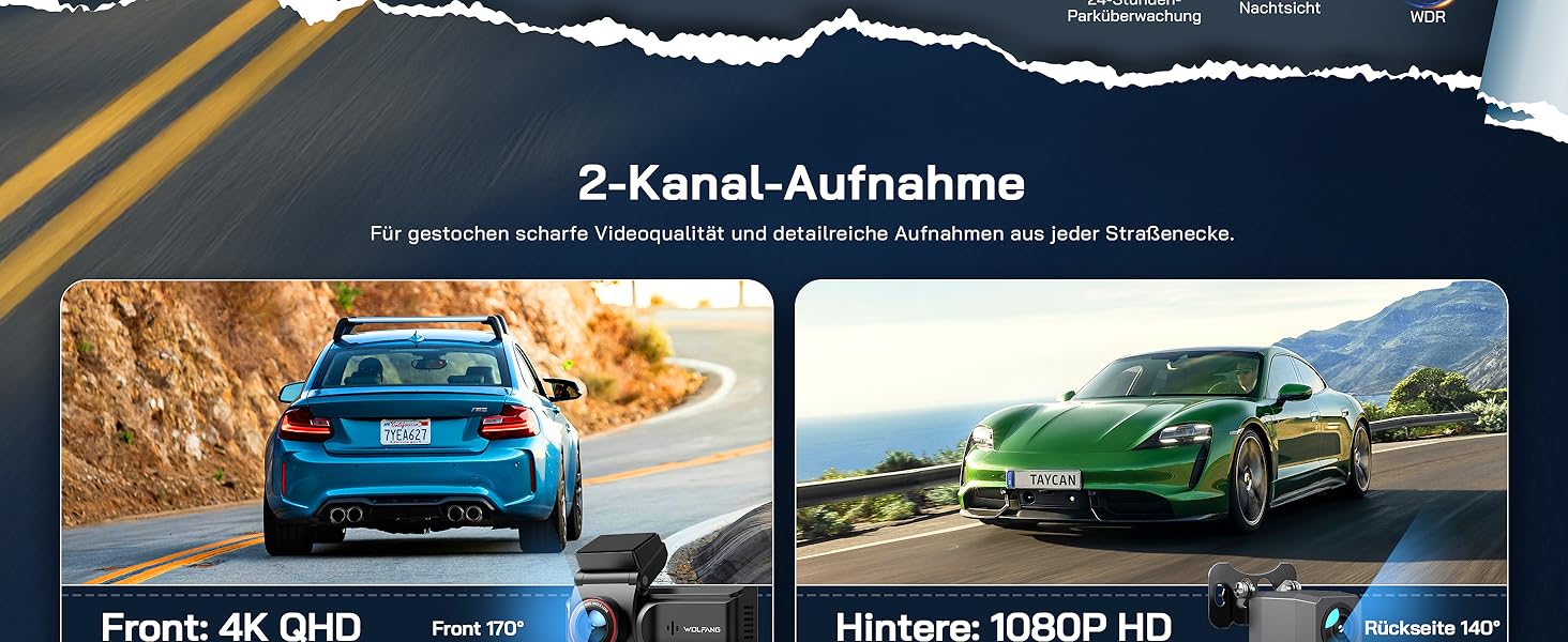 Автомобільний відеореєстратор WOLFANG 4K з WiFi, передня та задня камери, 3
