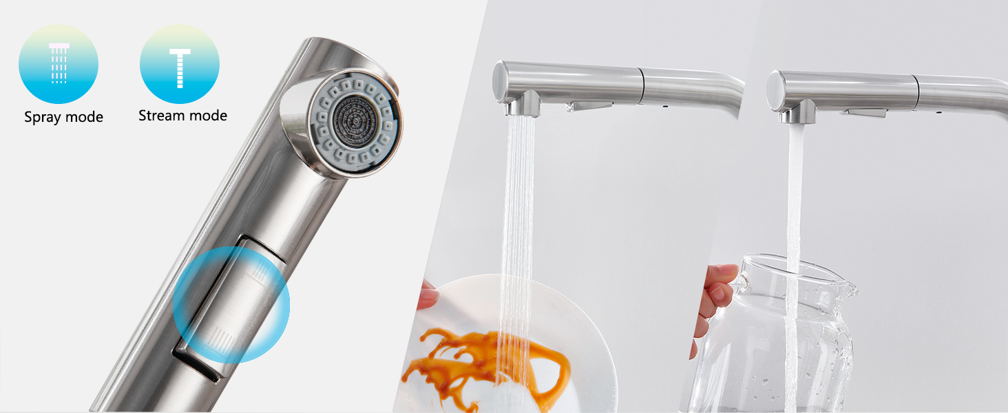 Кухонний змішувач висувний BONADE з душем, 360° поворот, змішувач для кухні з 2 струменями, з нержавіючої сталі, однорідний