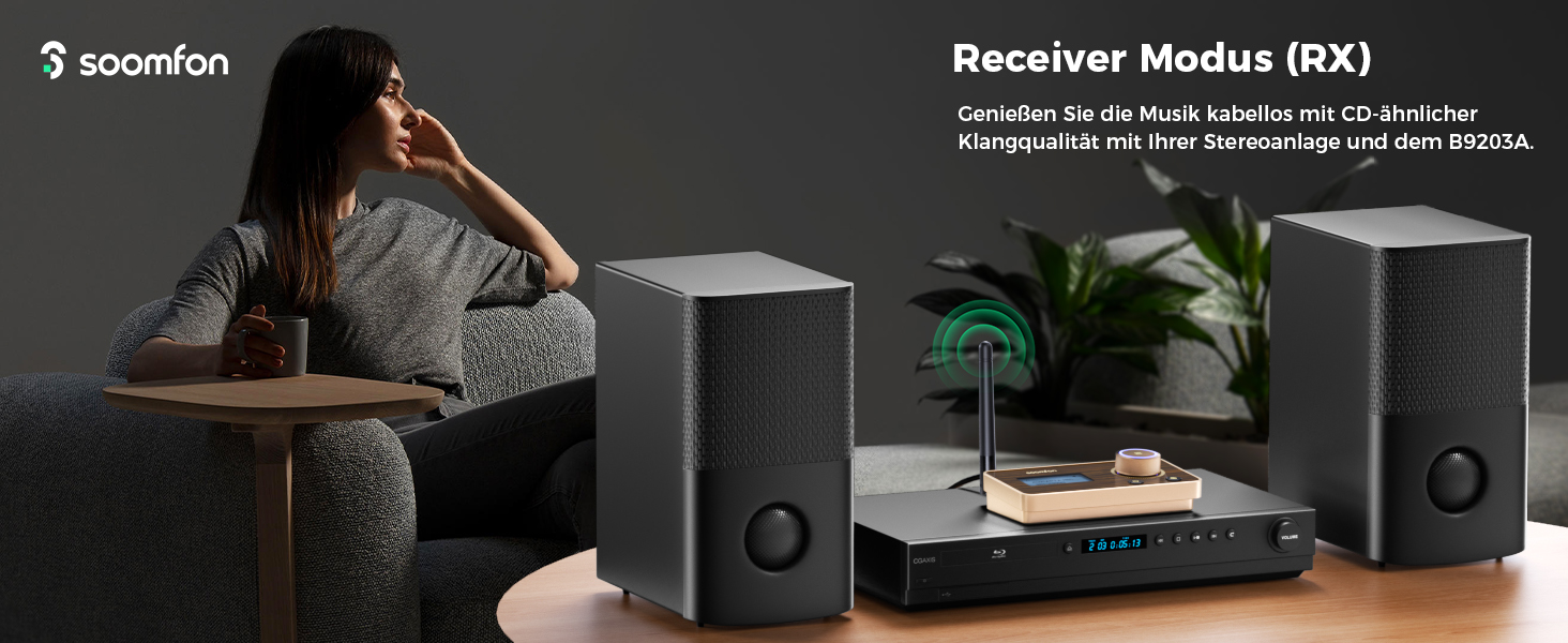 SOOMFON Bluetooth 5.2 Передавач/Приймач: Адаптер 3-в-1 для TV, Аудіосистеми, Навушників, Підтримка aptX LL & HD, Регулювання гучності, Dual Connection, Aux/Оптичний/RCA