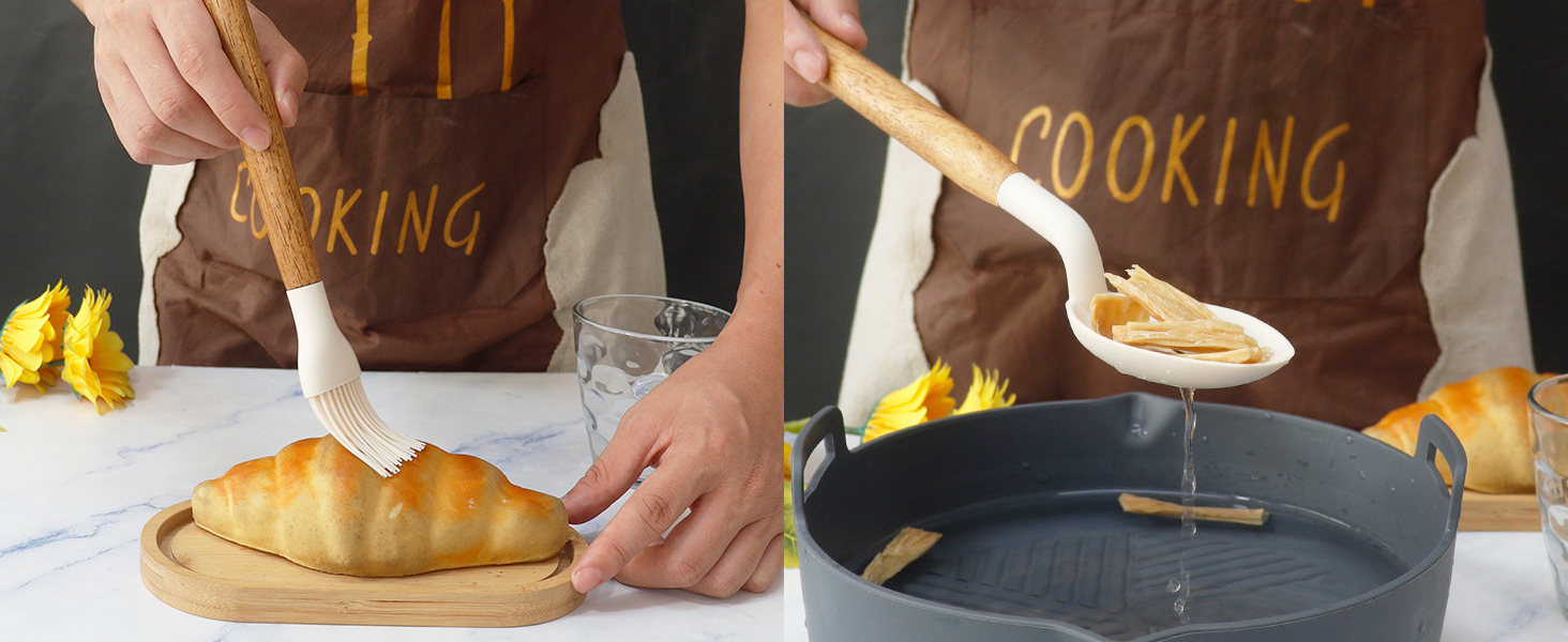 Набір кухонних аксесуарів 12 шт. з силікону з дерев'яними ручками, термостійкий антипригарний набір посуду: щипці, лопатки, ложки. Якісний кухонний набір (16+ чорний)