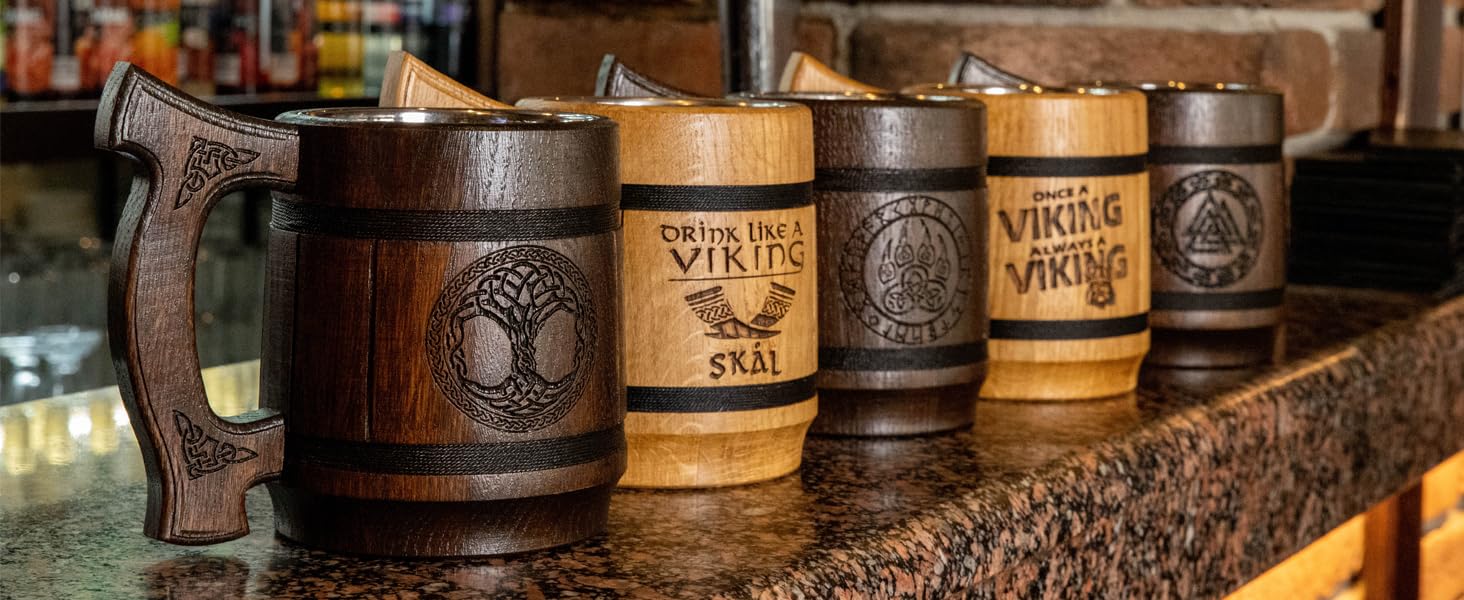 Діжка TESLYAR Вікінг 0.6 л з дуба - середньовічна діжка для пива, кружка, кухоль з гравіюванням молота Тора, руни. Ідеальний подарунок для чоловіків, дерев'яний кухоль.