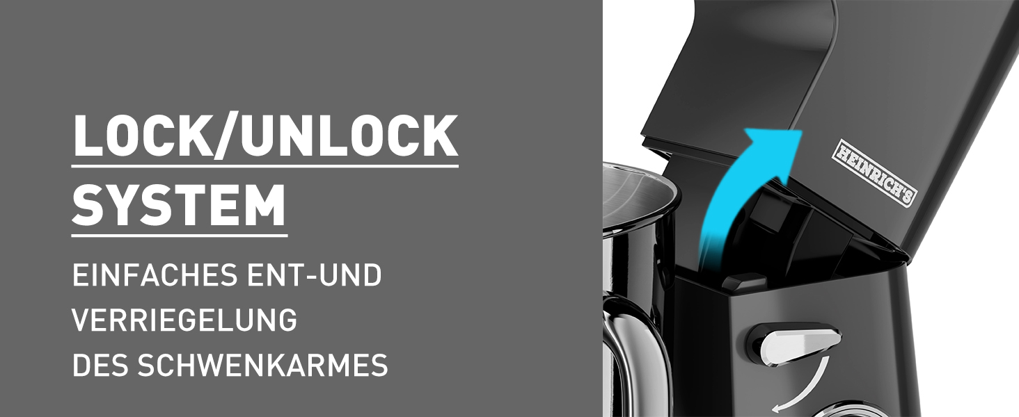 Кухонна машина Heinrichs 2500W з двома гаками для тіста, міксером та вінчиком, 8 швидкостей, чаша 7л з нержавіючої сталі, тиха, з титановим покриттям