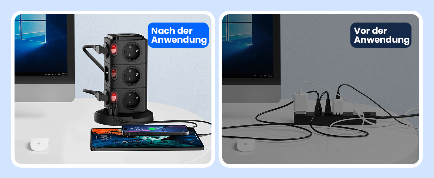 Багаторозеткова станція Acodot Tower з USB, 12 розеток, захист від перенапруги, 4 вимикачі, нічник, 3 USB-порти, кабель 3м, 2500W, для офісу, білий/чорний